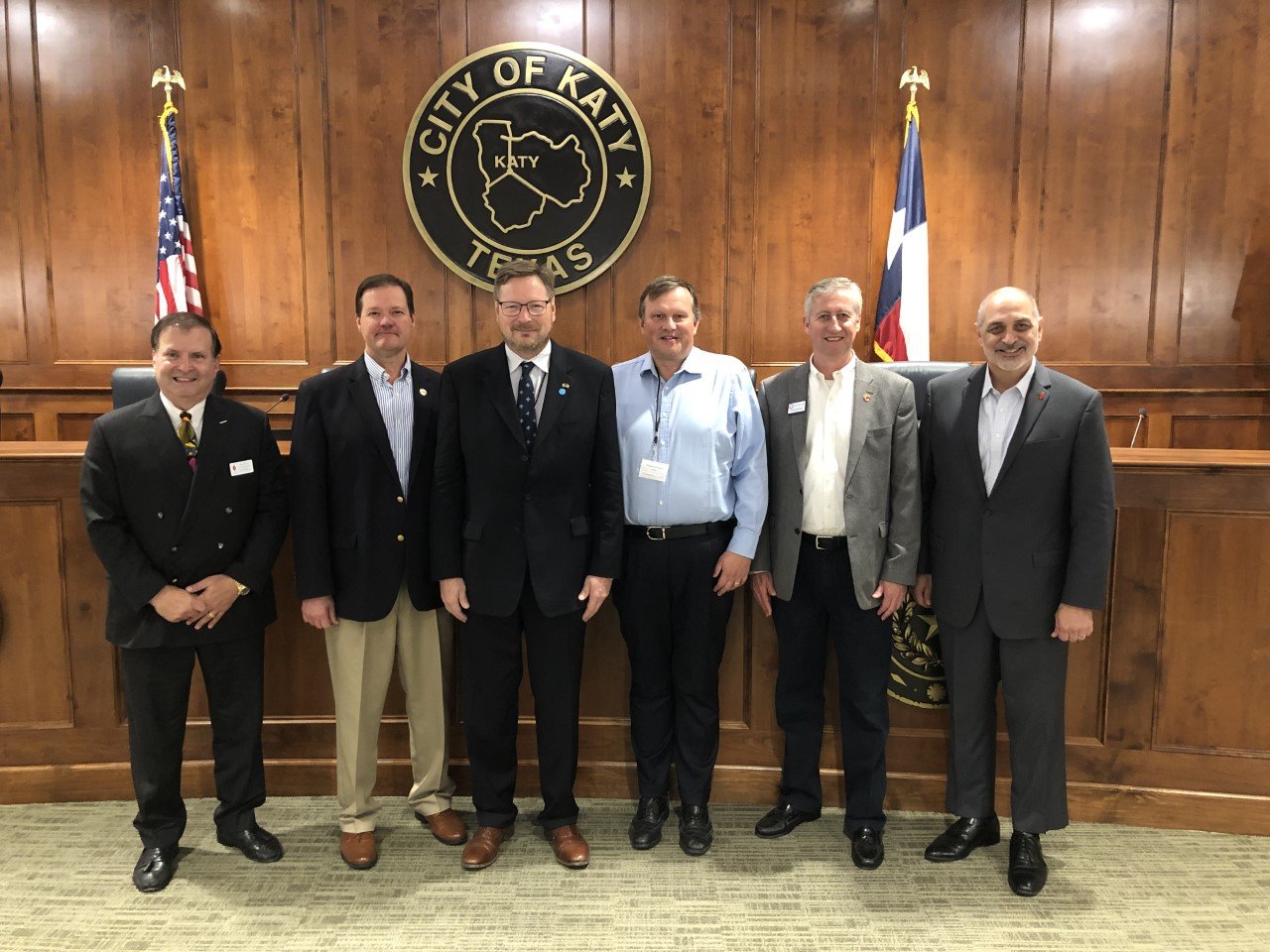 Katy city leaders welcomed a Belgian business delegation to Katy Oct. 13. Pictured from left to right are Paul Kurt, Katy Area EDC chairman; Byron Hebert, Katy city administrator; Yves Dubus, Belgian trade and investment commissioner; Philippe LaChapelle, Wallonia director of technology and strategic partnerships, Mayor Dusty Thiele, and Chuck Martinez, Katy Area EDC president.